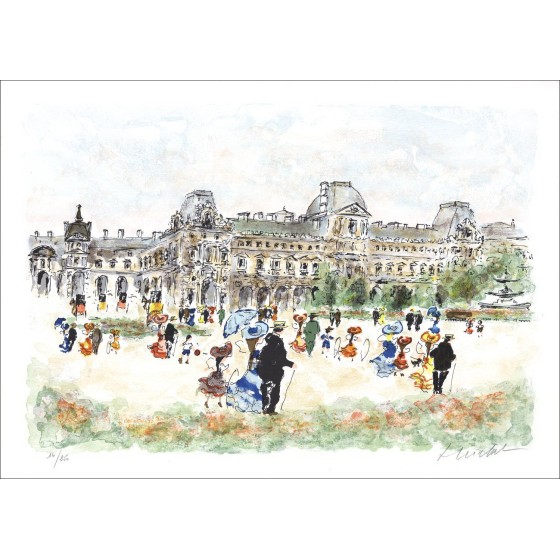 Stedelijke Huchet - Originele Litho "Parijs, Louvre Gardens" 54x76cm - Originele ondertekende lithografie