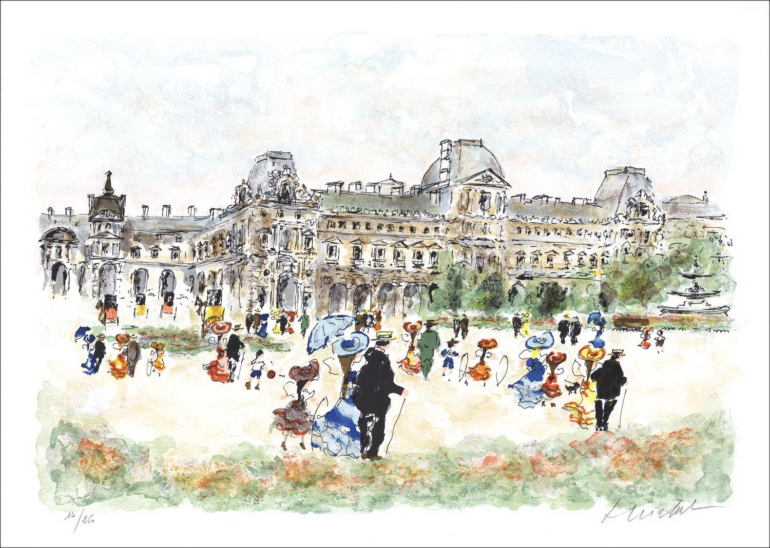 Stedelijke Huchet - Originele Litho "Parijs, Louvre Gardens" 54x76cm - Originele ondertekende lithografie