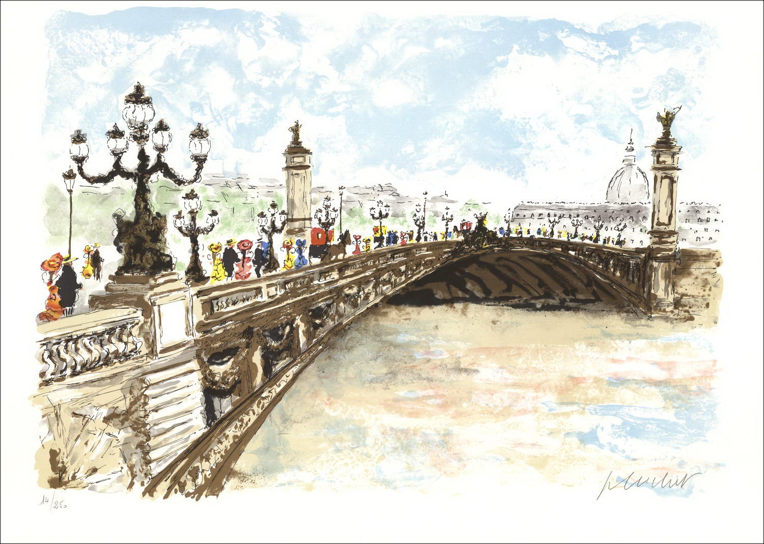 Stedelijke Huchet - Originele litho "Parijs, The Bridge Alexandre III" 54x76cm - Originele ondertekende lithografie