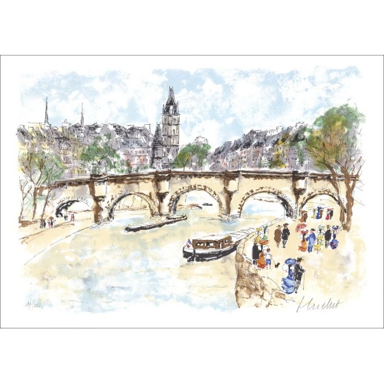 Urban Huchet - Litografia originale "Parigi, la Senna e l'isola della città" 54x76cm - Litografia firmata originale