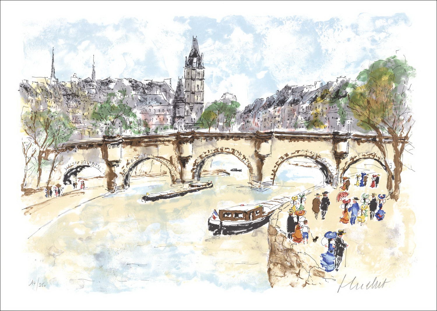 Urban Huchet - Litografia originale "Parigi, la Senna e l'isola della città" 54x76cm - Litografia firmata originale