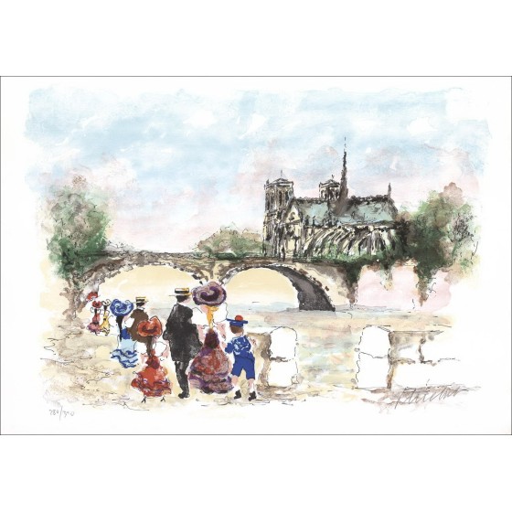 Urban Huchet: París, Notre Dame, litografía original firmada en lápiz - 54x76cm
