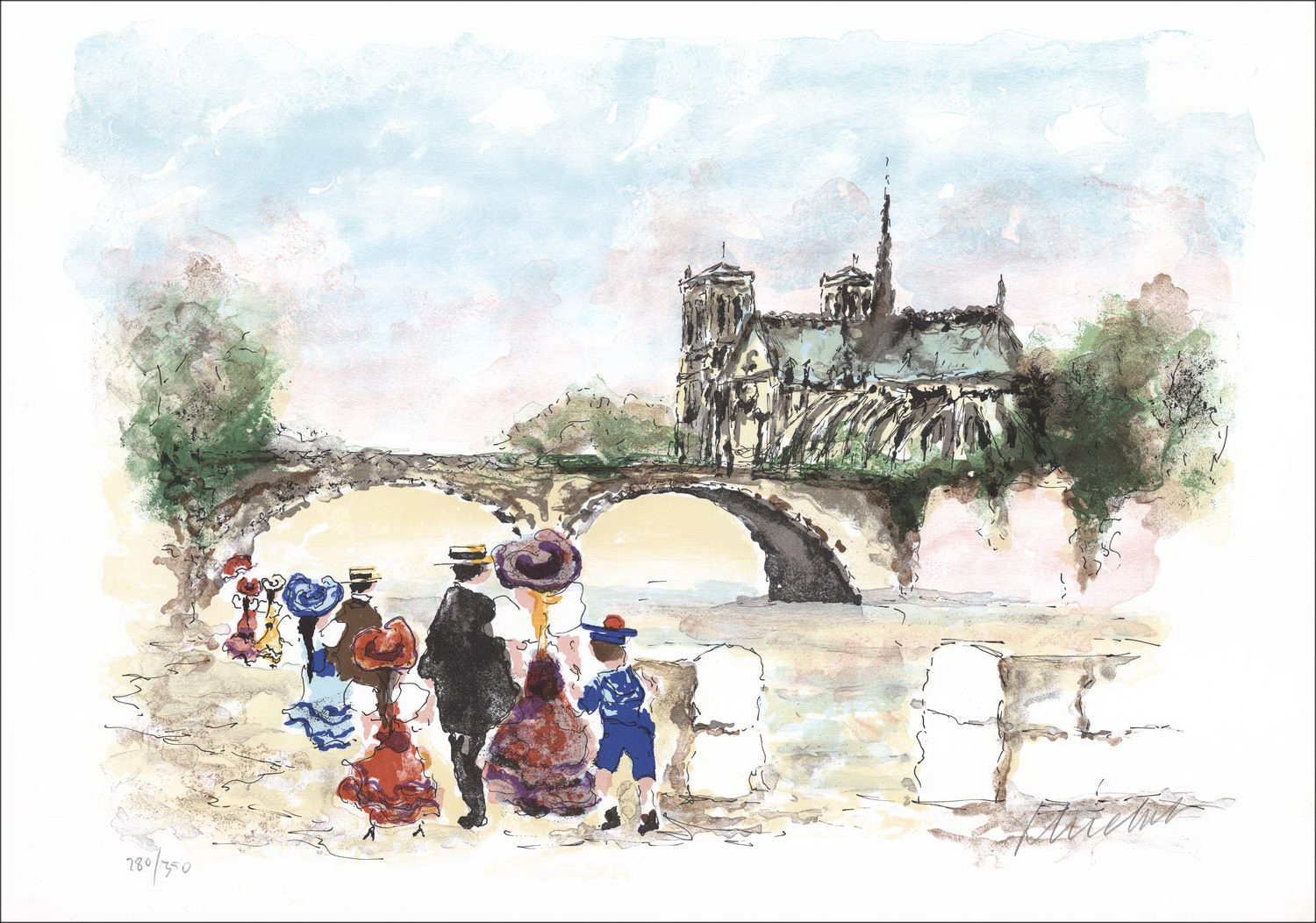 Urban Huchet: París, Notre Dame, litografía original firmada en lápiz - 54x76cm