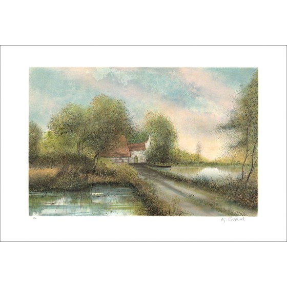 Gilbert ARTAUD - Original Lithograph "Hamlet by the Pond" 54x76cm - Signed in pencil by the artist.