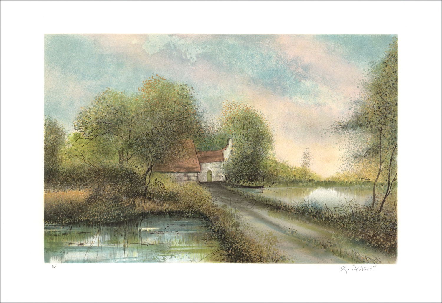 Gilbert ARTAUD - Lith Origin Original "Hameau au bord de l'étang" 54x76cm - Gesigneerd in potlood door de kunstenaar.