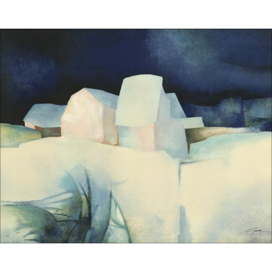 Claude Gaveau, Hameau sous la neige, lithographie originale