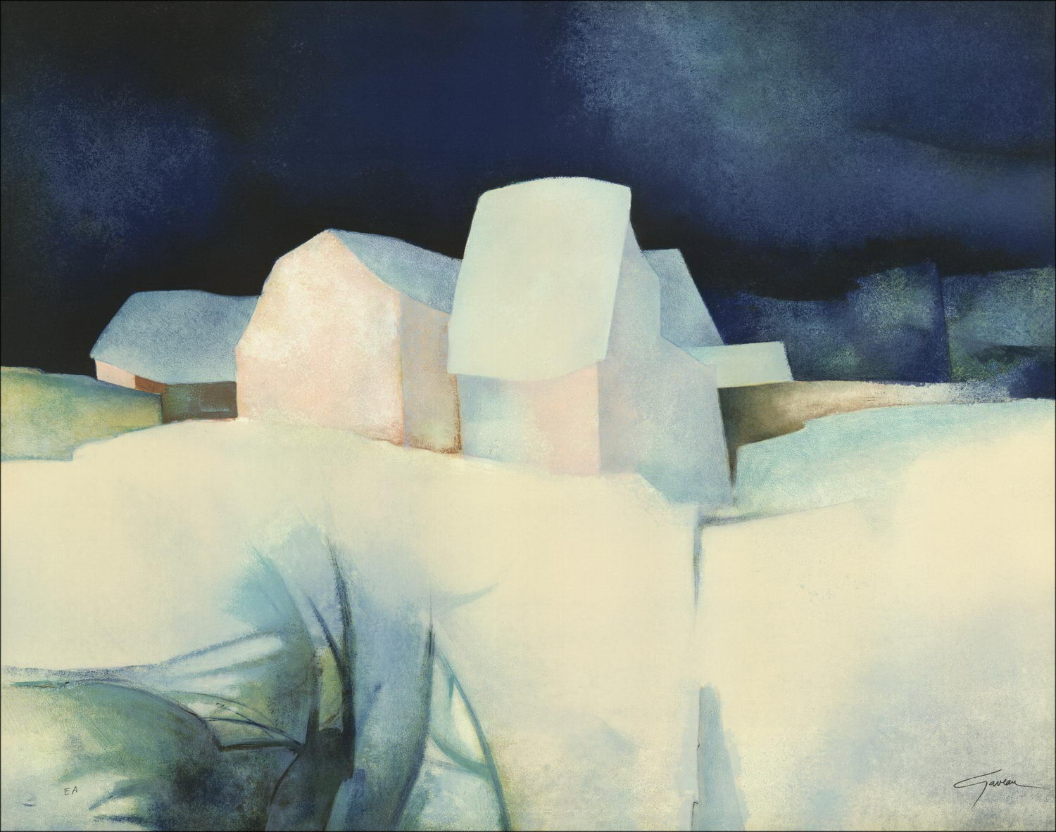 Claude Gaveau, Gehucht onder de sneeuw, originele lithografie