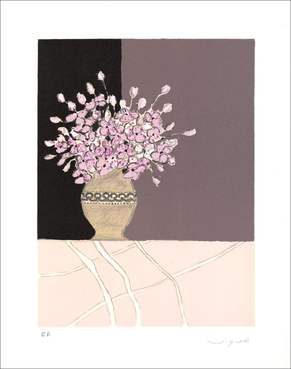 Lithografie ondertekend: boeket bloemen 01, André Vigud "(38x28cm)