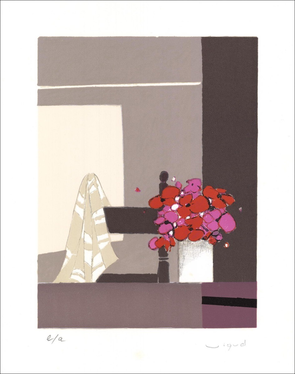 Lithographie Originale Signée: Bouquet de fleurs 05, André Vigud
