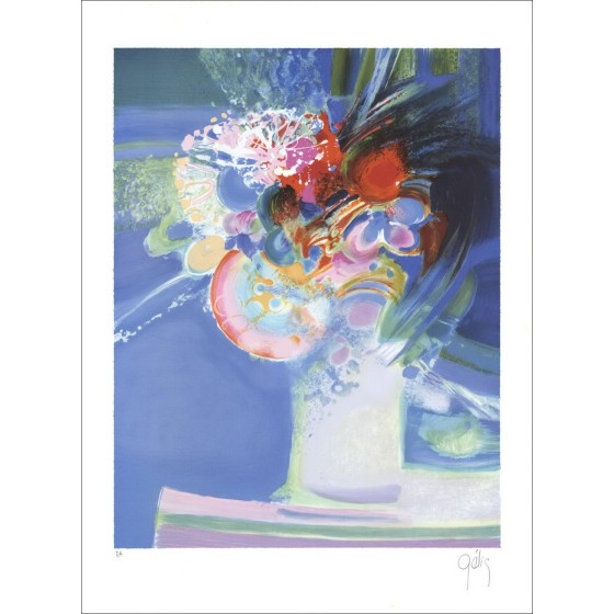 Daniel Gelis - Litografia originale "Il bouquet di fiori" 61x45cm, firmato e numerato a matita