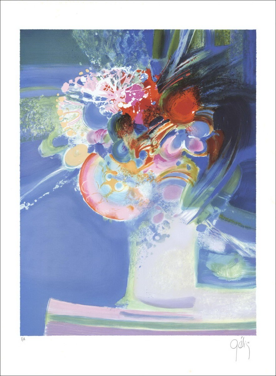 Daniel Gelis - Litografia originale "Il bouquet di fiori" 61x45cm, firmato e numerato a matita