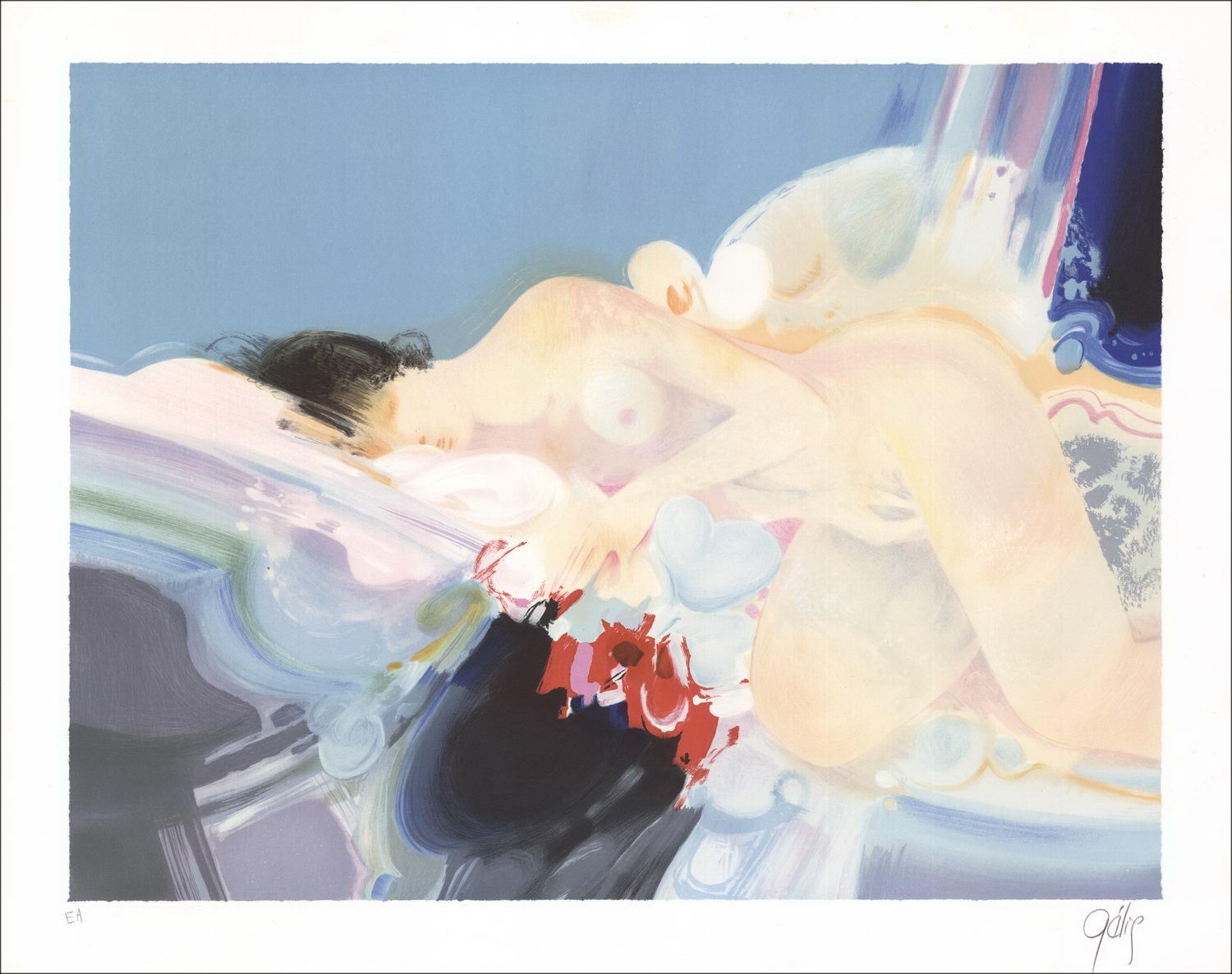 Daniel Gelis - Litografia originale "Donna addormentata" 45x56cm, firmata e numerata a matita