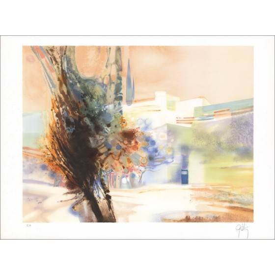 Daniel Gelis: Litografia originale "Paesaggio della Provenza" 55x75cm - firmato e numerato a matita