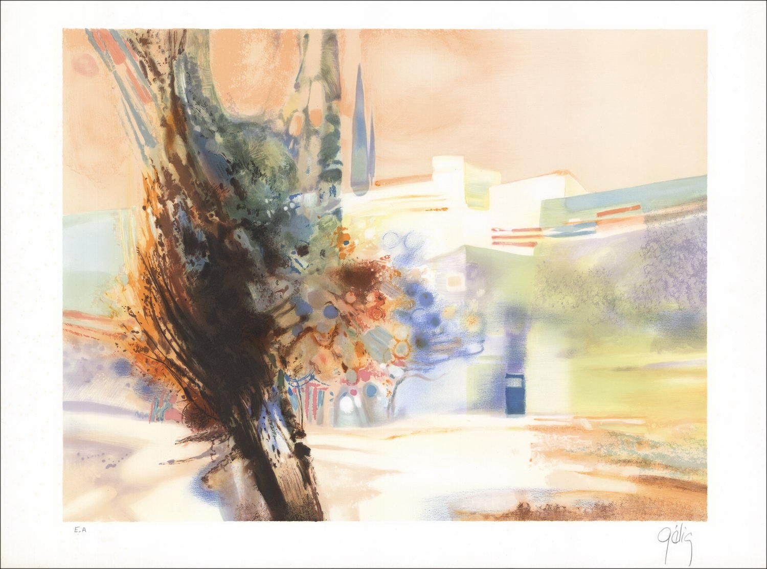 Daniel Gelis: Litografía original "Provenza Paisaje" 55x75cm - Firmado y numerado a lápiz
