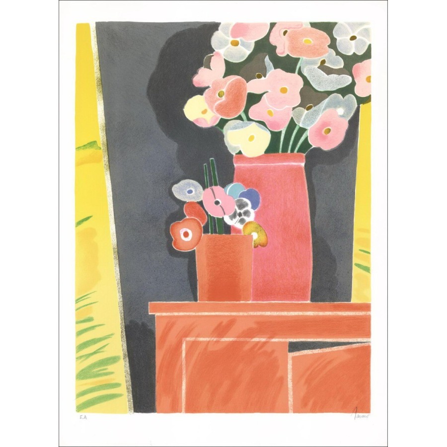 Albert ZAVARO - Lithographie Originale "Bouquet rouge" 74x54cm