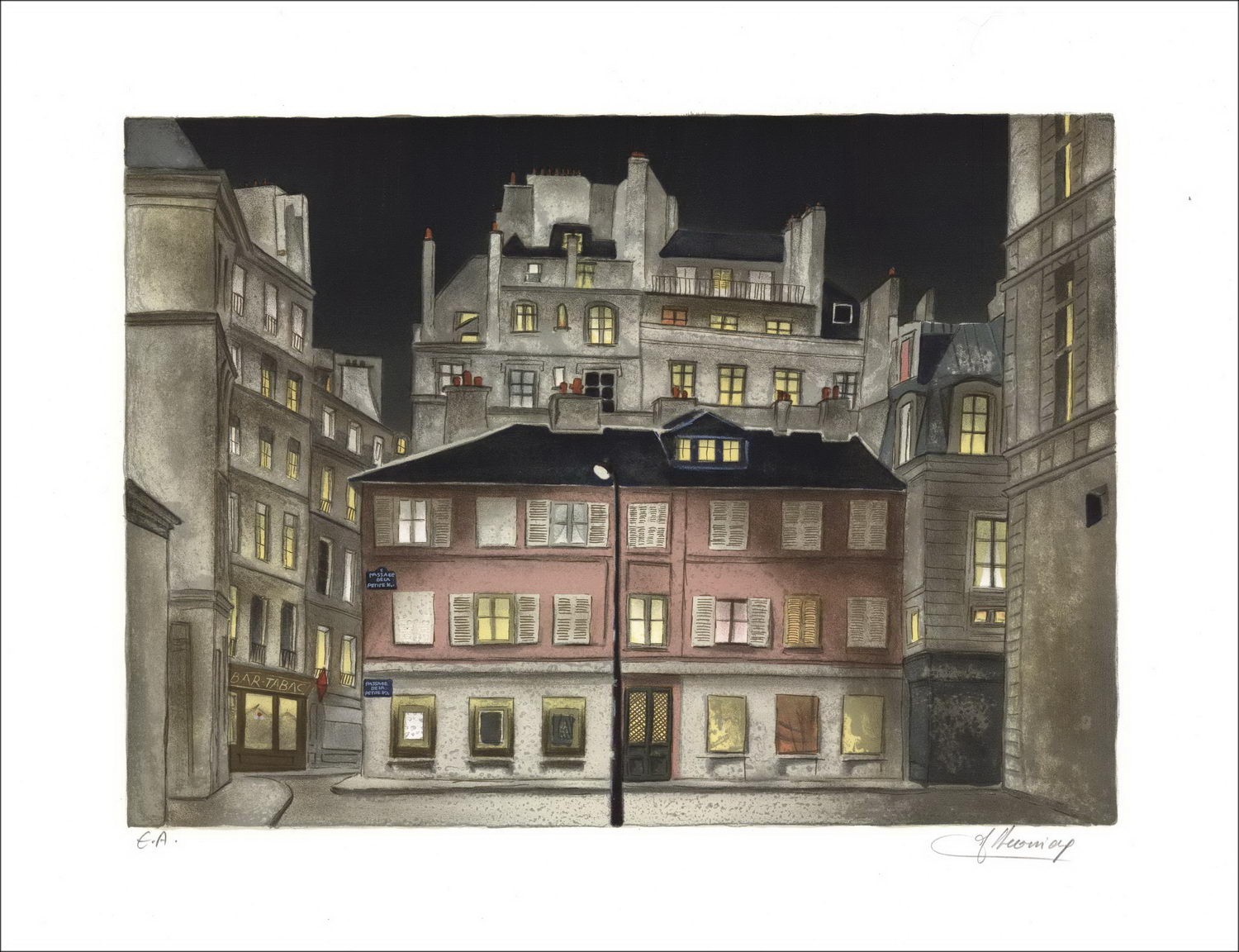 Lecter Jean Lucer - Litografia originale "Il bar-tabacco" 43x56cm
