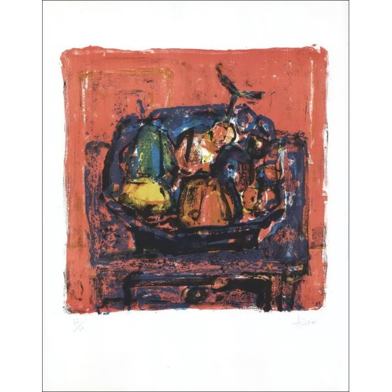 Paul Aïzpiri - Original-Lithographie "Obstkorb" 65x50cm