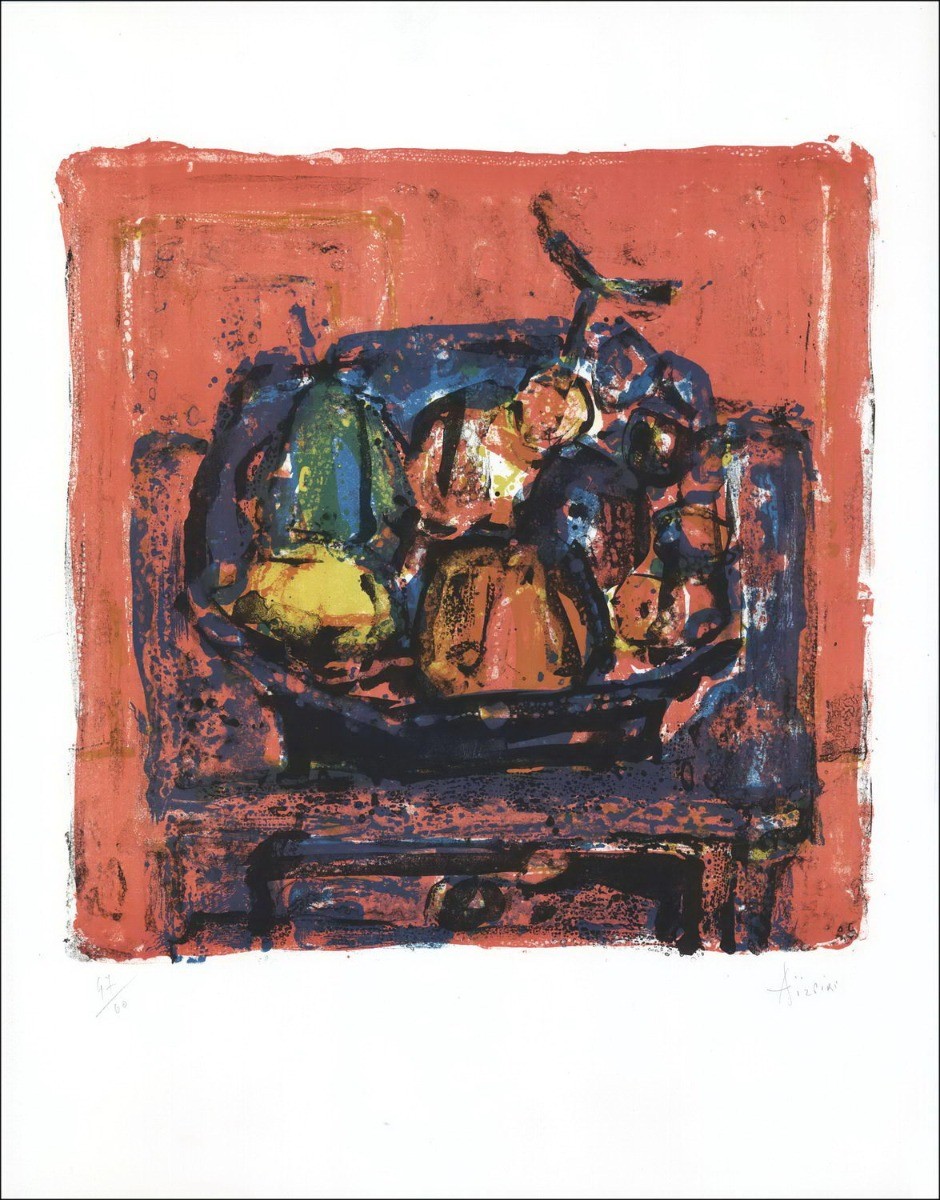 Paul Aïzpiri - Originele litho "fruitmand" 65x50cm