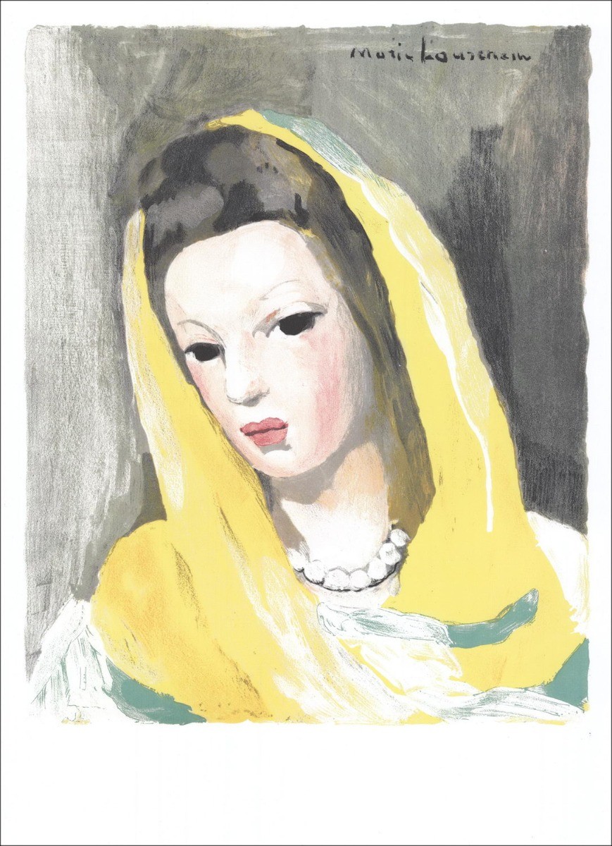 Marie Laurencin - Litografía "Mujer con bufanda amarilla y collar de perla" 50x36cm