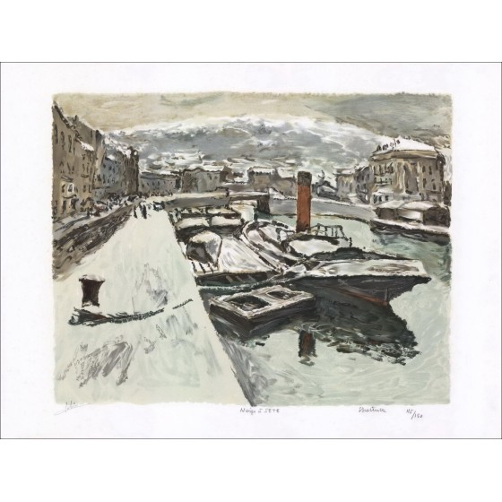 Éric Battista - Litografía original "Nieve en Sète" 48x65cm