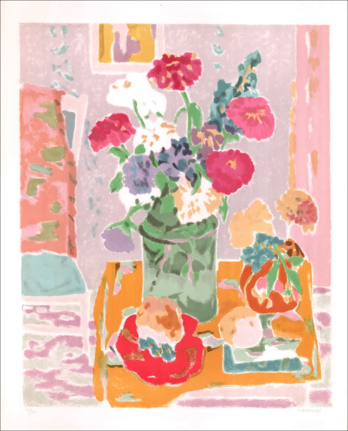 Jules  CAVAILLÈS - Lithographie Originale "Bouquet de fleurs" 76x54cm - Lithographie originale signée au crayon par l'artiste