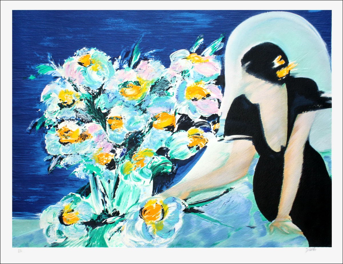 SPAHN Victor - Litografia originale "Donna con bouquet"