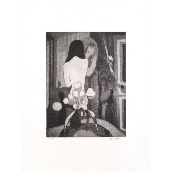 Alfred Defossez - Original Gravure "Naked Woman at Bouquet" 34x25cm