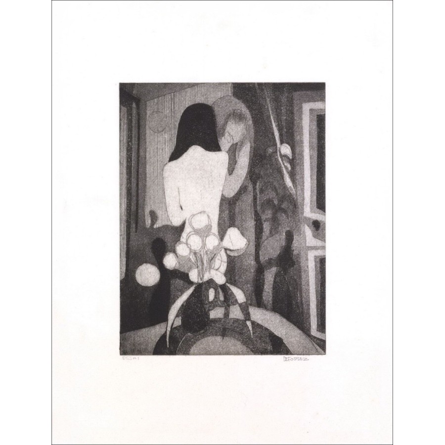 Alfred Defossez - Originalgravur "Nackte Frau am Strauß" 34x25cm