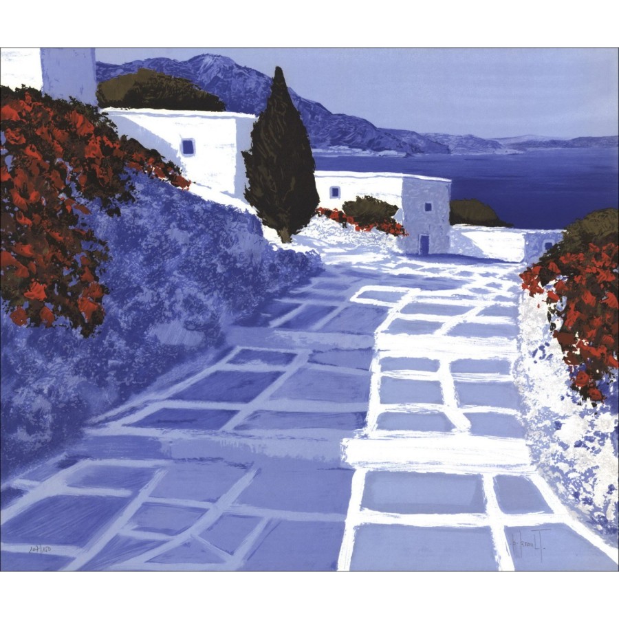 Patrick REAULT : Lithographie Originale "Vue de Grèce" 56x67cm - Signée et numérotée au crayon