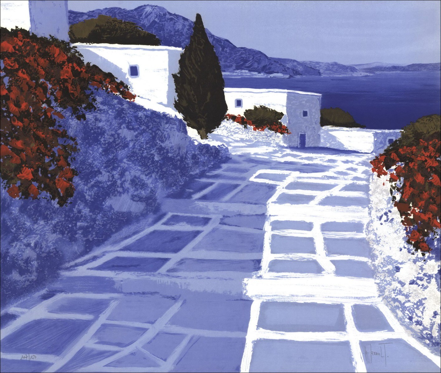 Patrick Reante: Litografía original "Vista de Grecia" 56x67cm - Firmado y numerado a lápiz