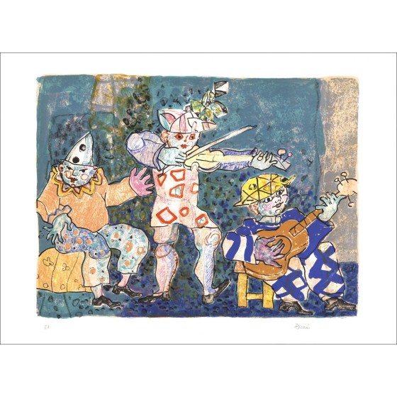 Paul Aïzpiri - Originele Litho "Muzikanten op blauwe achtergrond" 56x76cm