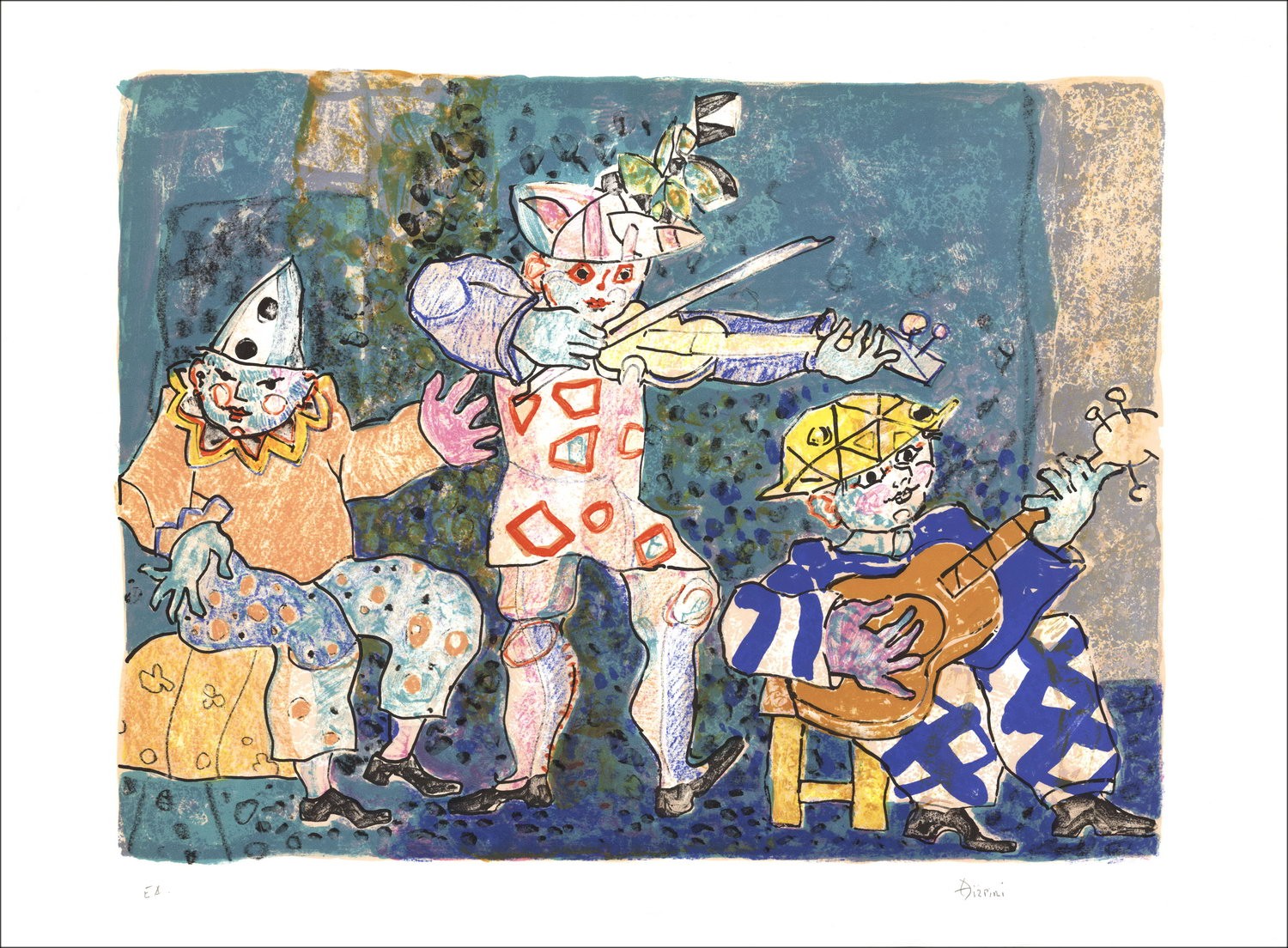 Paul AÏZPIRI - Original Lithograph "The musicians on the blue background" 56x76cm