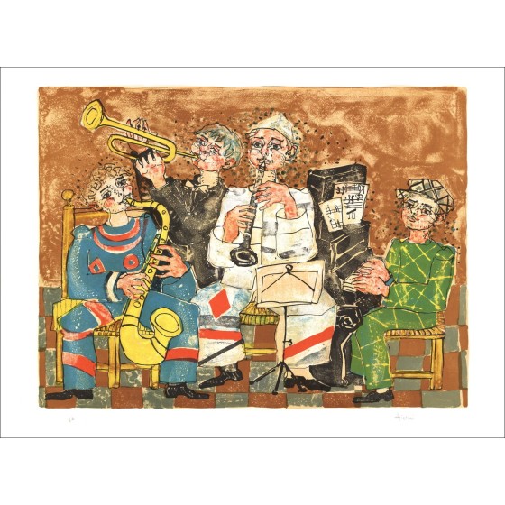 Paul Aïzpiri - Litografía original "Músicos en el fondo marrón" 56x76cm