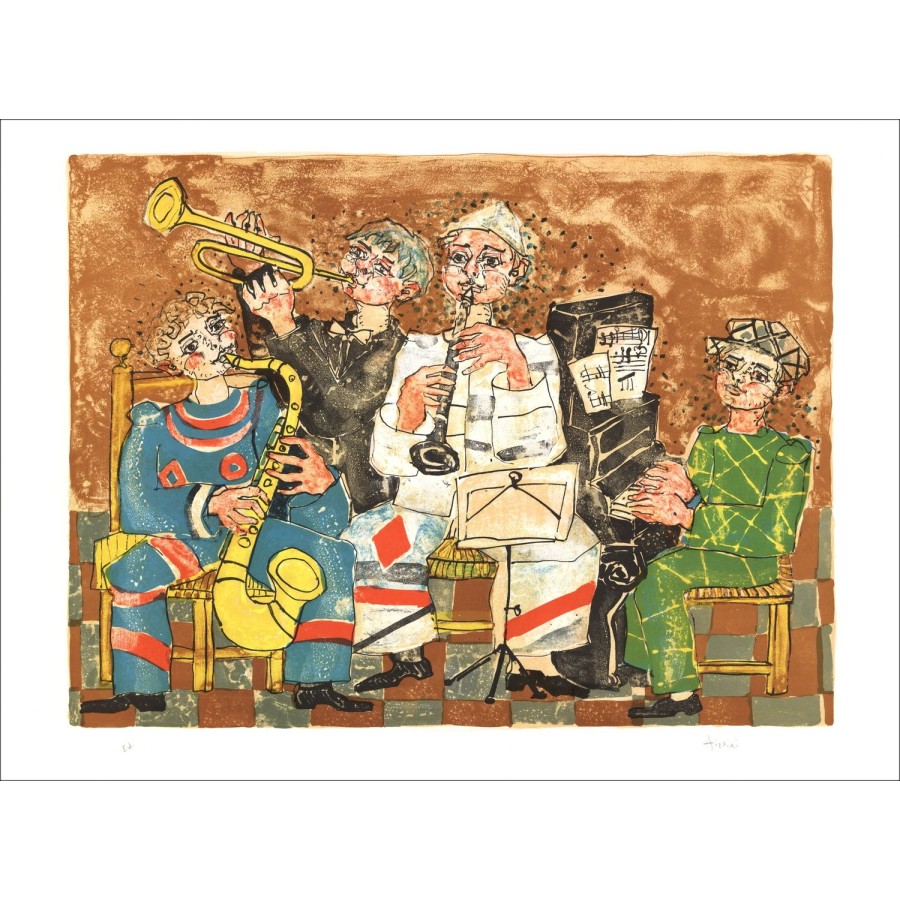 Paul Aïzpiri - Litografia originale "Musicisti in background marrone" 56x76cm