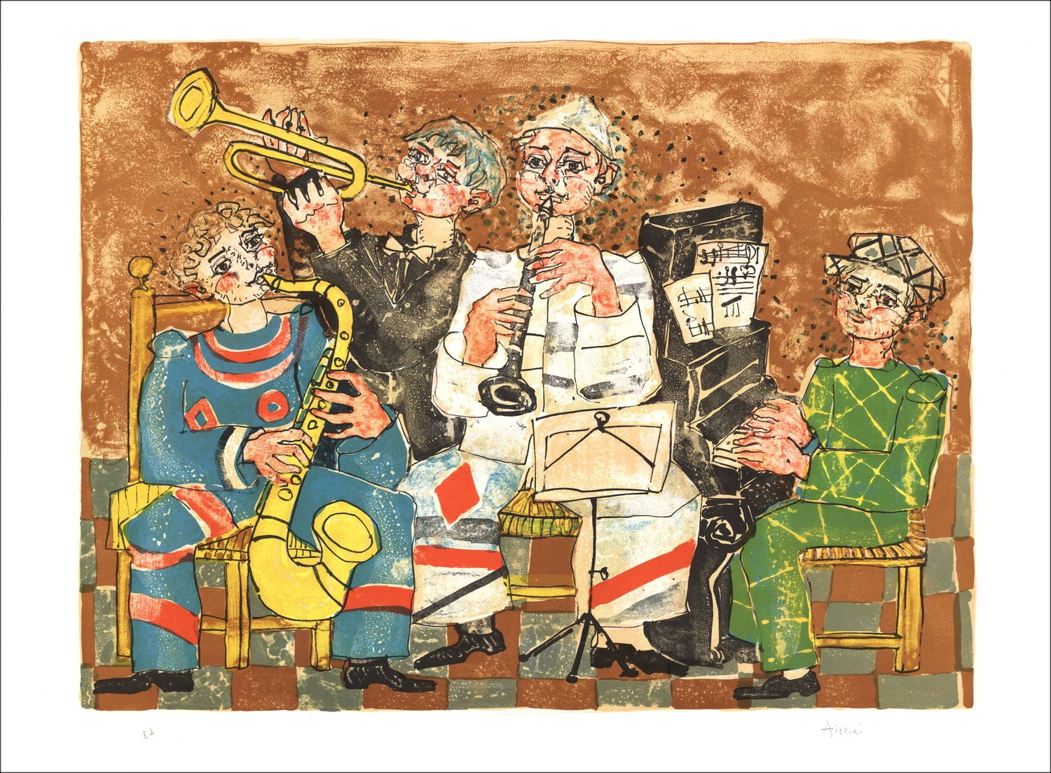 Paul Aïzpiri - Litografia originale "Musicisti in background marrone" 56x76cm