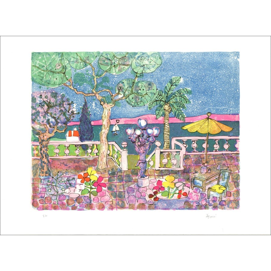Paul Aïzpiri - Litografía original "Vista costera" 56x76cm