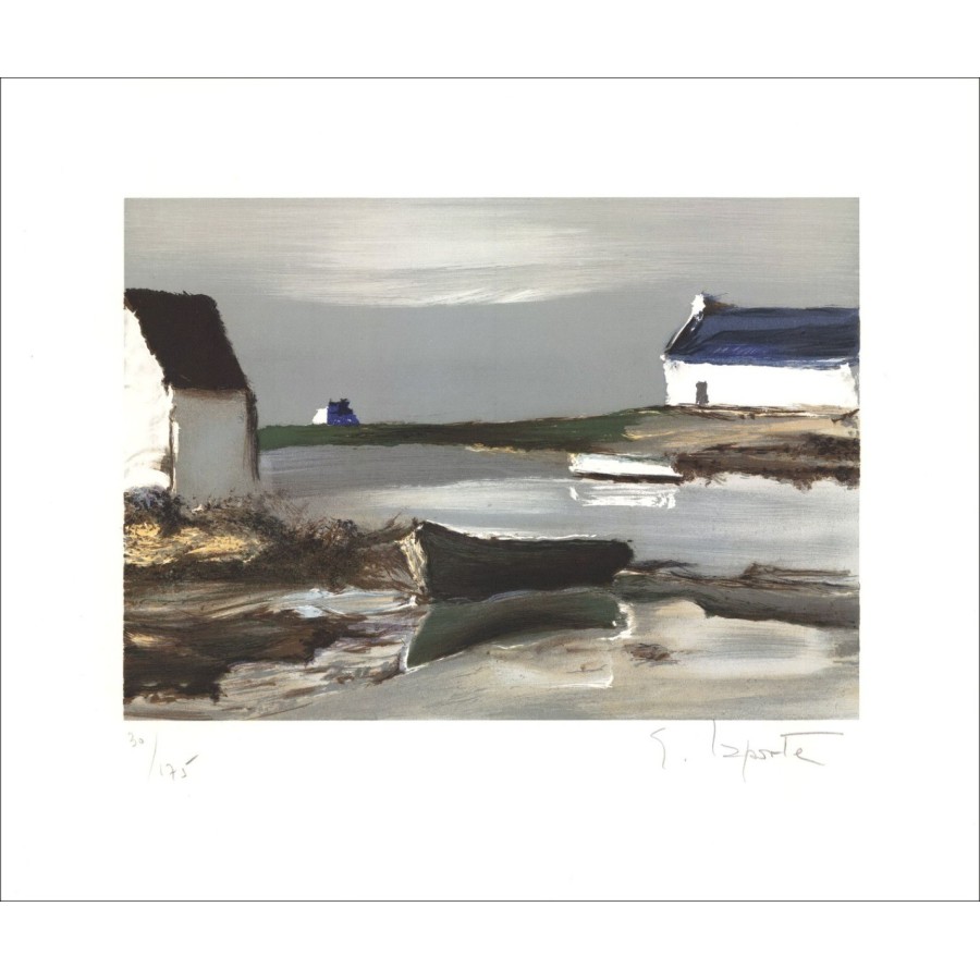 Georges Laporte - Litografia originale "Case in Bretagna" 37x44cm - firmata e numerata a matita