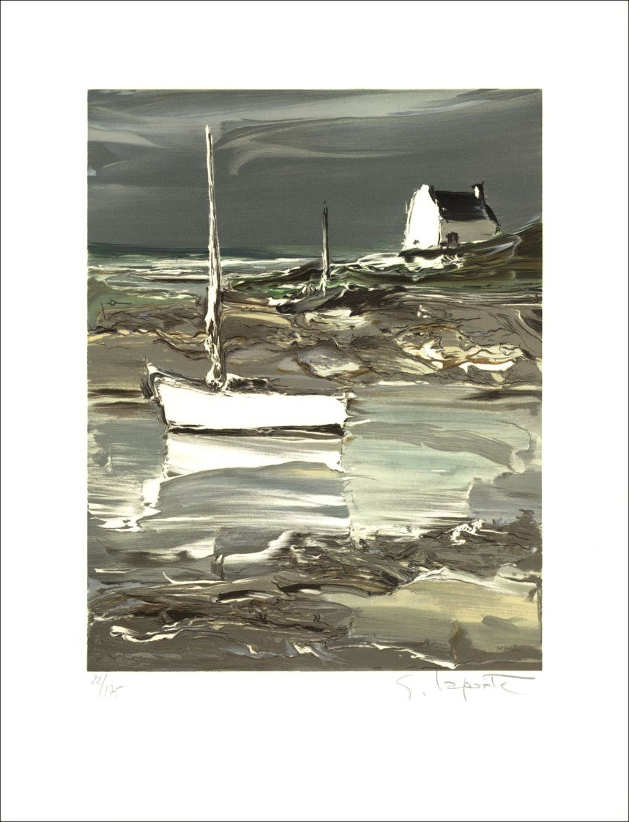 Georges Laporte - Original-Lithographie "Das weiße Boot" 49x38cm - signiert und nummeriert in Bleistift