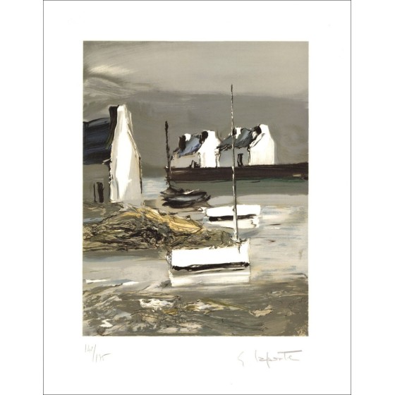Georges Laporte - Originele Litho "De drie boten" 47x36cm - ondertekend en genummerd in potlood
