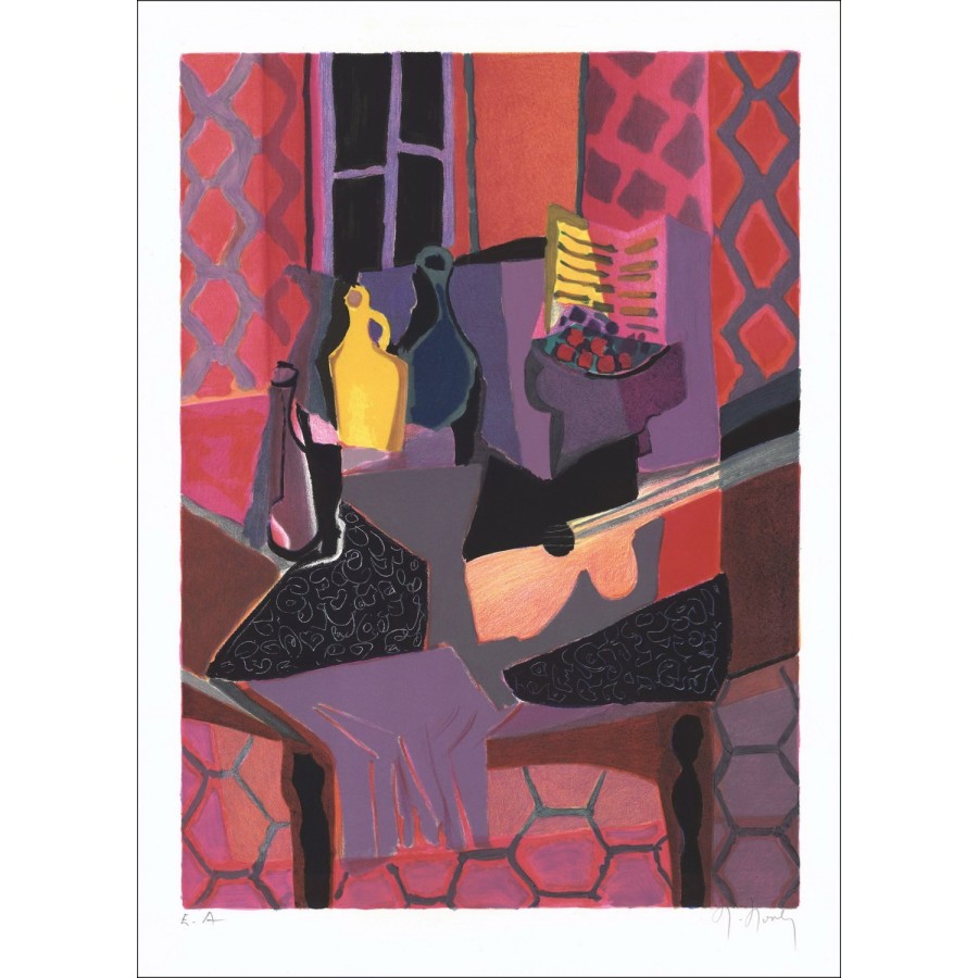 Marcel Mouly - Original-Lithographie "Stillleben mit dem Dachfenster" 63x46cm