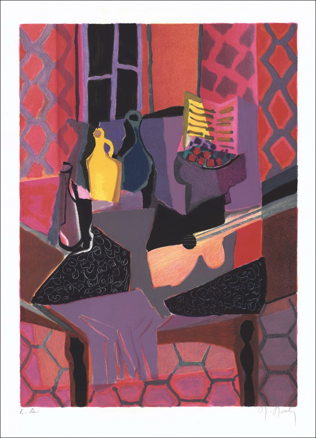 Marcel Mouly - Original-Lithographie "Stillleben mit dem Dachfenster" 63x46cm