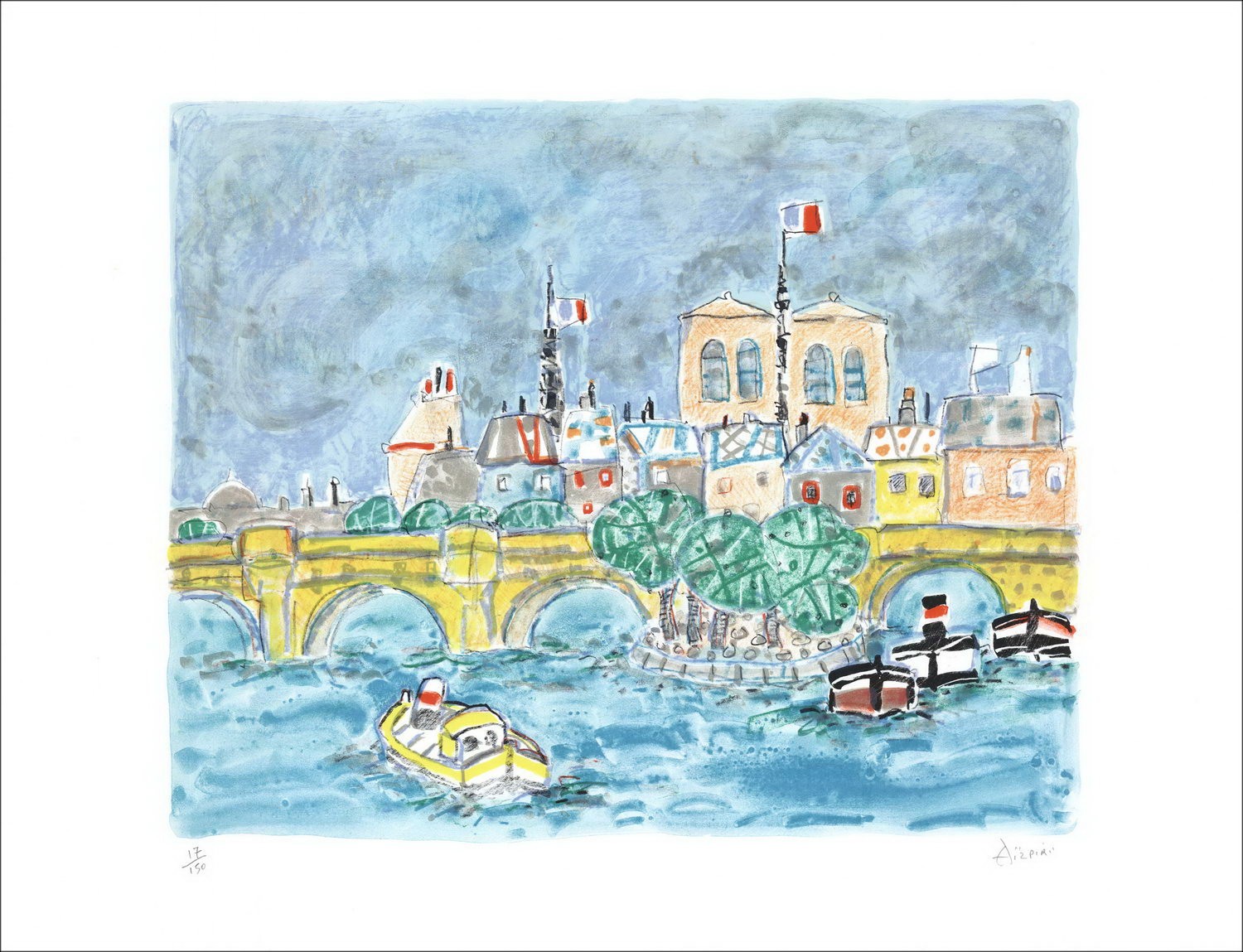 Paul Aïzpiri - Originele litho "Parijs, de Seine en Notre-Dame" 50x65cm