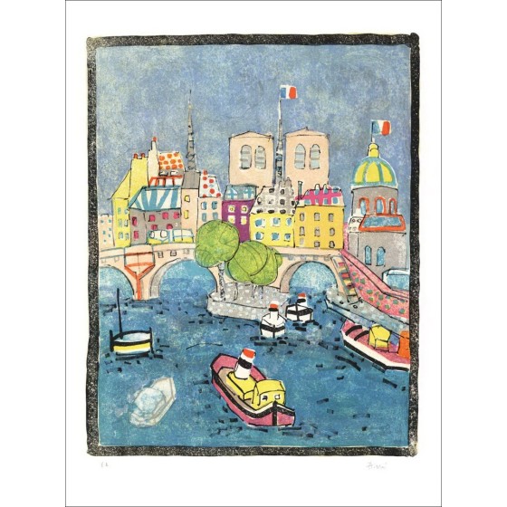 Paul Aïzpiri - Originele litho "Parijs, de Seine en Notre-Dame" 76x56cm