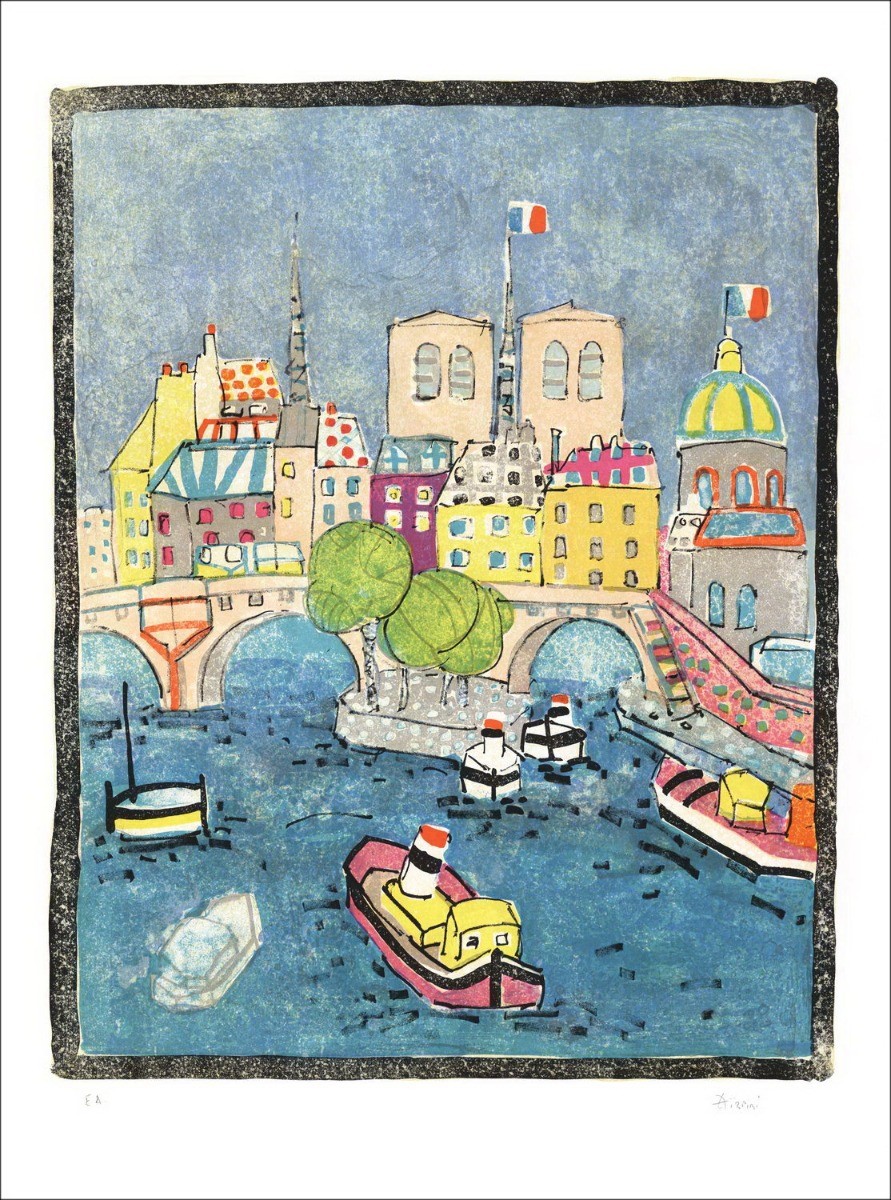 Paul Aïzpiri - Original-Lithographie "Paris, die Seine und Notre-Dame" 76x56cm
