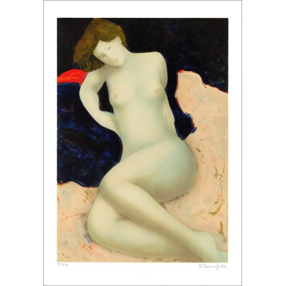 Comprar Litografía original Alain Bonfoit mujer desnuda en la hoja azul