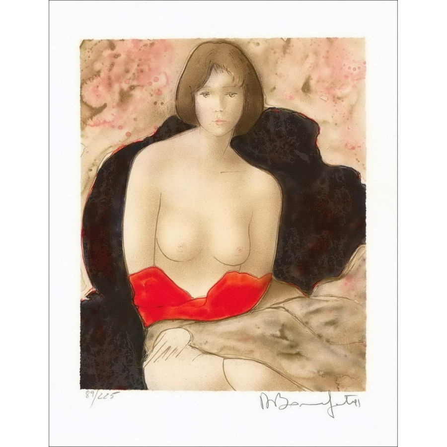 Alain Bonnefoit kaufen Original Lithographie Nackte Frau mit rotem Blatt