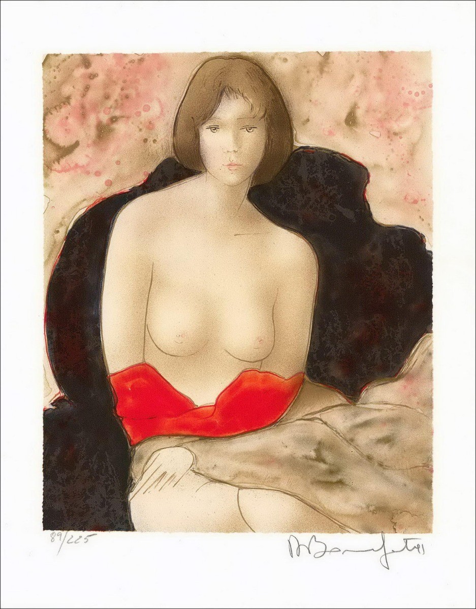 Alain Bonnefoit kaufen Original Lithographie Nackte Frau mit rotem Blatt