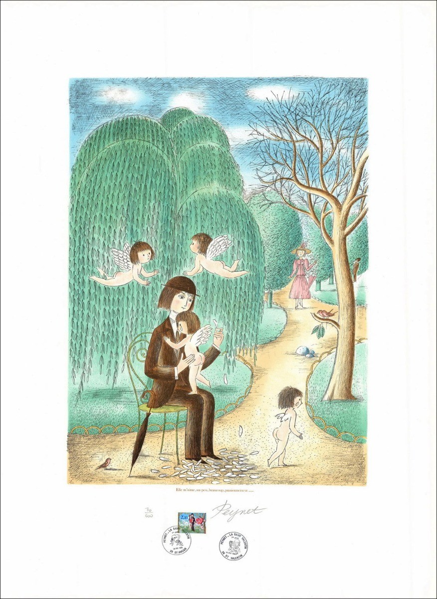 Raymond Peynet - Litografia originale "Lei mi ama, un po ', molto, con passione .." 76x56cm - 1985
