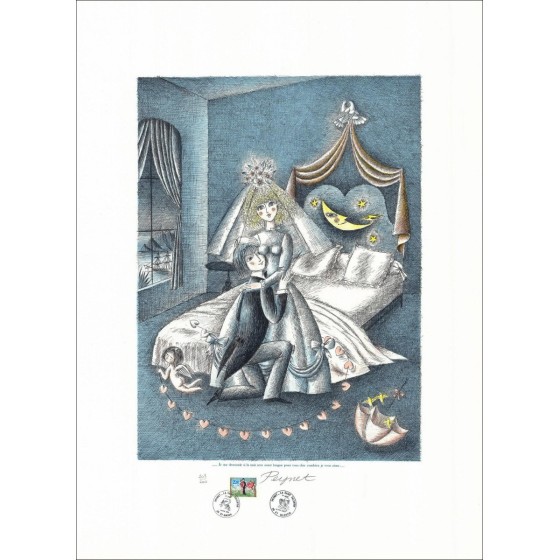PEYNET Raymond - Litografía original "Me pregunto si la noche será lo suficientemente larga, ..." 76x56cm - 1985