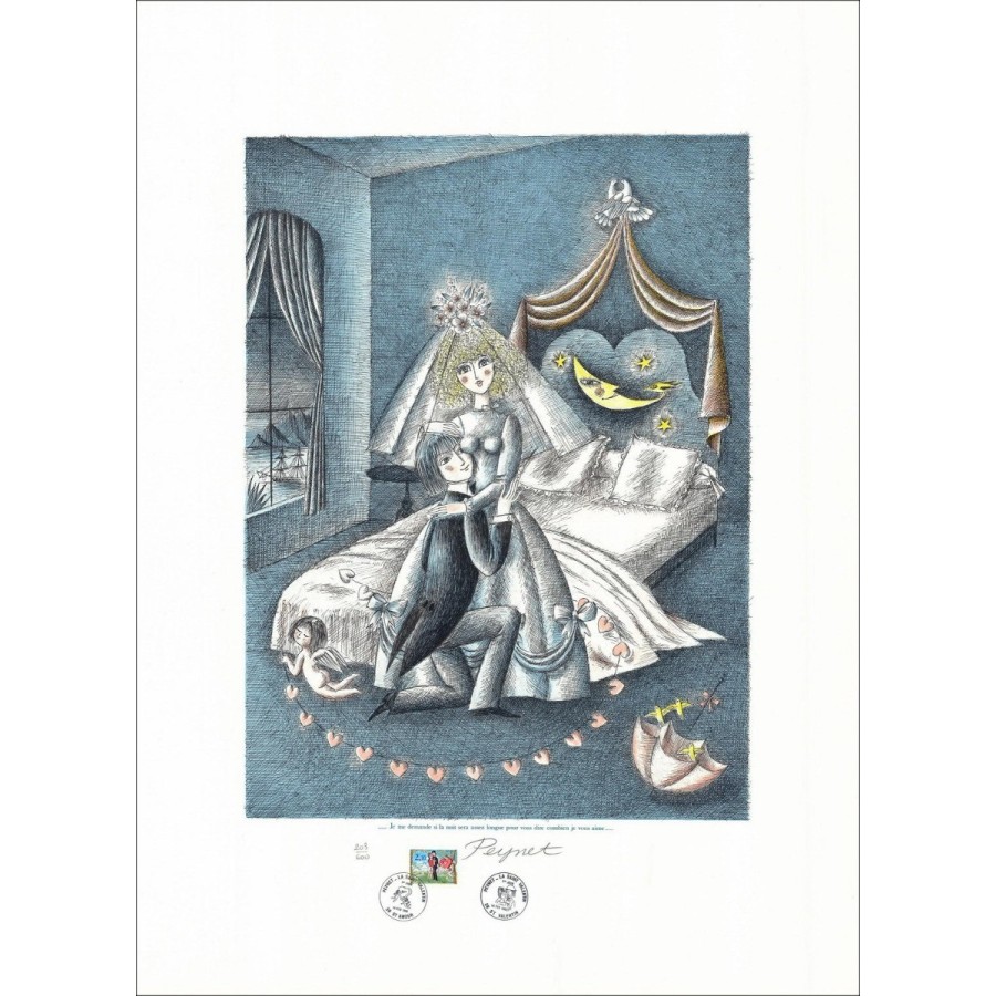 PEYNET Raymond - Original-Lithographie "Ich frage mich, ob die Nacht lange genug ist, .." 76x56cm - 1985